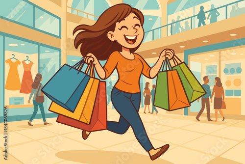 Happy woman shopping in modern mall, carrying colorful shopping bags, joyful retail experience, group of people, fashion store windows, vibrant vector illustration, shopping center scene