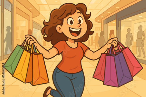 Happy young woman shopping spree cartoon. Smiling female holding colorful bags. Excited customer in shopping mall, retail therapy joy, consumer lifestyle, modern commercial center vector illustration