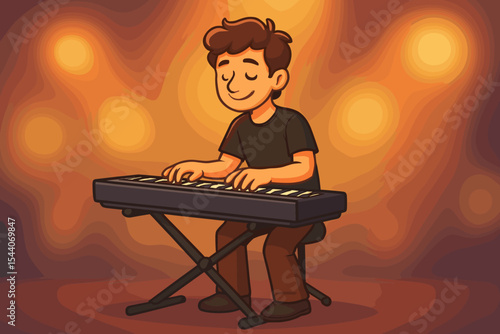 Cartoon keyboard player performing on stage. Vector illustration of musician at electric piano with soft blurred lighting, concert ambiance, music performance, band, entertainment show background