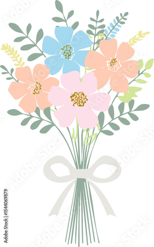 A beautifully arranged bouquet of pastel-colored flowers tied together with a delicate ribbon. The flowers bring a sense of elegance and joy