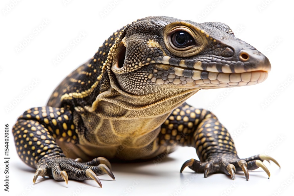 Fototapeta premium Closeup of a young yellow spotted monitor lizard on white background