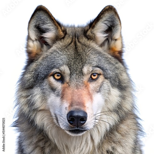 Closeup portrait of a gray wolf against white background