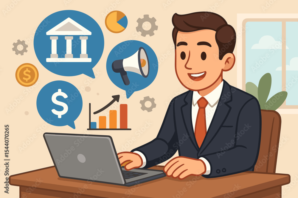 Businessman Working on Laptop with Banking, Finance, Marketing, Growth, Dollar, and Investment Icons, Cartoon Vector Illustration for Online Business, Digital Marketing, Finance Technology Concept Businessman Working on Laptop with Banking, Finance, Marketing, Growth, Dollar, and Investment Icons, Cartoon Vector Illustration for Online Business, Digital Marketing, Finance Technology Concept