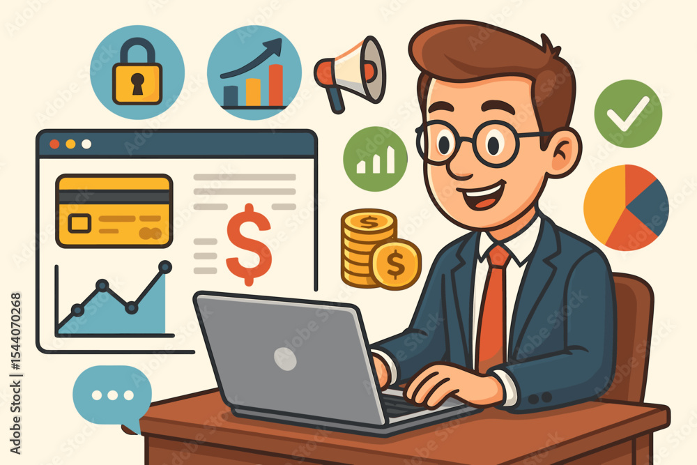 Businessman at Desk Laptop Analyzing Online Banking Finance Data, Digital Marketing, Growth Charts, Credit Card Security, Money Coins, Communication Icons, Flat Vector Illustration Businessman at Desk Laptop Analyzing Online Banking Finance Data, Digital Marketing, Growth Charts, Credit Card Security, Money Coins, Communication Icons, Flat Vector Illustration