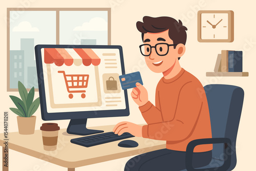 Man making online shopping order at office desk, digital ecommerce purchase with credit card, home workspace, internet retail transaction, remote work, modern lifestyle vector illustration