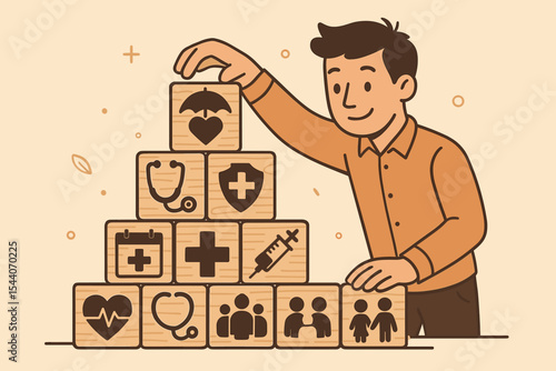 Health insurance concept. Man stacks wooden blocks with medical icons. Metaphor for healthcare planning, family protection, life assurance, and well-being. Vector cartoon illustration.