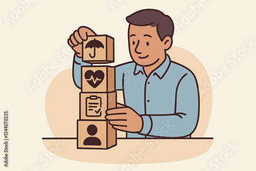 Man Building Stack of Wooden Blocks with Healthcare Icons Illustrating Health Insurance, Medical Protection, Well-Being, Healthcare Plan Concept, Vector Cartoon Illustration for Insurance and Wellness