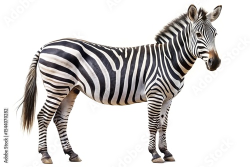 Striped plains zebra standing isolated on white background