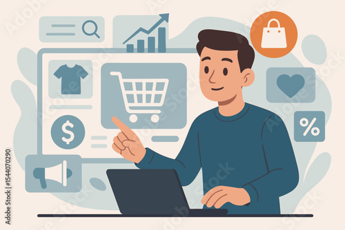 E-commerce concept illustration. Man using laptop for online shopping, digital marketing, internet retail, virtual store, web interface, purchase cart, sales analytics, promotions, offers, technology