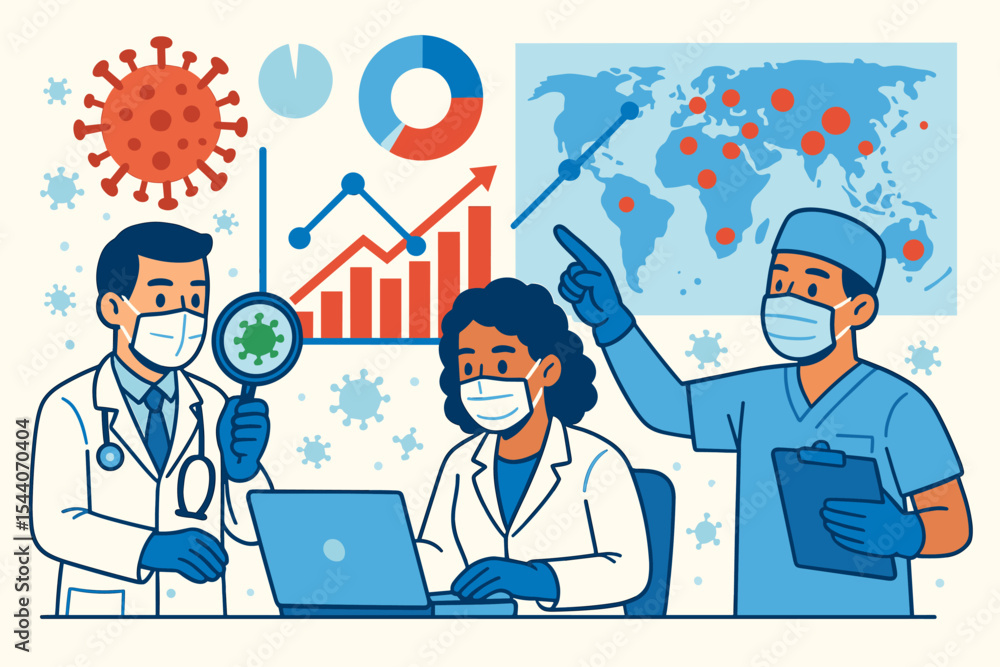 Medical professionals analyzing global coronavirus pandemic data, outbreak tracking, infection statistics, doctors with masks, charts, laptop, virus research, healthcare teamwork vector illustration Medical professionals analyzing global coronavirus pandemic data, outbreak tracking, infection statistics, doctors with masks, charts, laptop, virus research, healthcare teamwork vector illustration