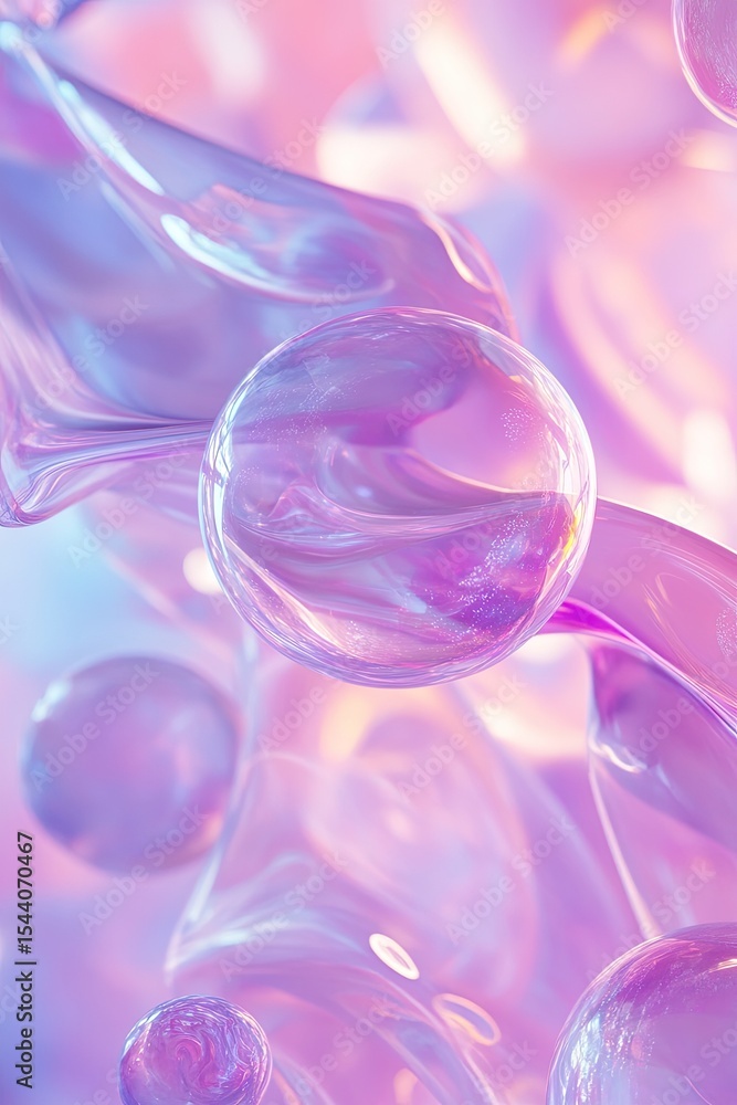 Abstract image of iridescent, translucent spheres and flowing forms in pastel pink and purple hues Abstract image of iridescent, translucent spheres and flowing forms in pastel pink and purple hues