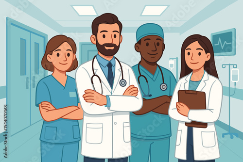 Professional medical team of doctors and nurses standing together in hospital corridor, stethoscopes, teamwork, healthcare staff, patient care concept, modern clinic vector illustration