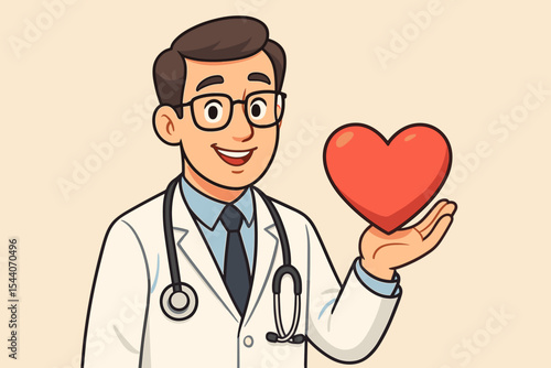 Doctor holding red heart symbol. Concept of medical care, cardiology, and compassion. Male physician character with stethoscope. Healthcare, charity, donation, and insurance concept. Vector.