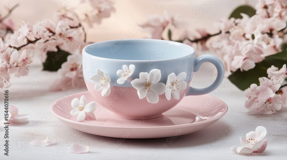 Fototapeta premium Delicate pink and light blue teacup adorned with cherry blossom decorations.