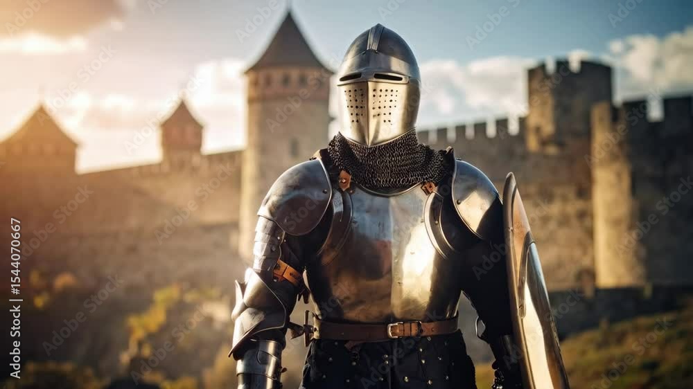 Medieval knight clad in shining armor, holding shield, standing before imposing castle walls under sunny skies. A historical warrior for battles and adventures. Medieval knight clad in shining armor, holding shield, standing before imposing castle walls under sunny skies. A historical warrior for battles and adventures.