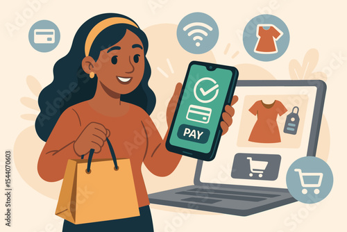 Online shopping concept with happy woman using mobile payment app. E-commerce, digital banking, and secure contactless transaction via smartphone. Fintech technology for online store. Vector.