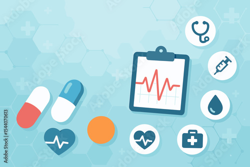 Medical and healthcare concept background with pills, cardiogram, and flat icons. Vector illustration for cardiology, pharmacy, hospital, clinic. Includes stethoscope, syringe.