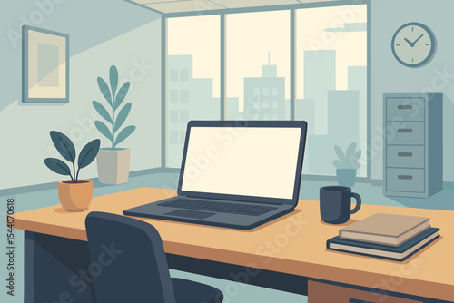 Modern office workspace interior illustration. Desk with laptop computer featuring a blank screen for mockup. Corporate business workplace background with window city view. Cartoon vector.
