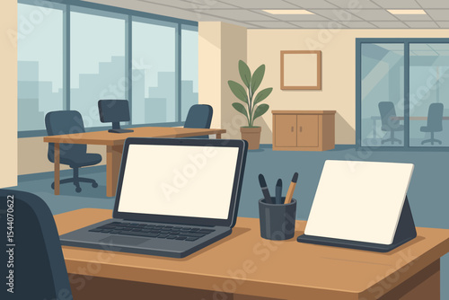Modern office interior with a desk, laptop with a blank screen for mockup. Empty corporate workspace background. Professional workplace or co-working space vector illustration.