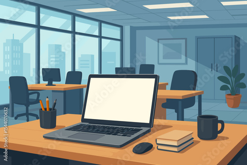 Modern office interior with laptop mockup on a desk. Empty white screen for advertising. Corporate workspace with city view. Business workplace background. Vector cartoon illustration.