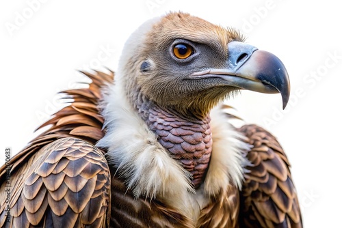 Closeup portrait of a griffon vulture against a white background