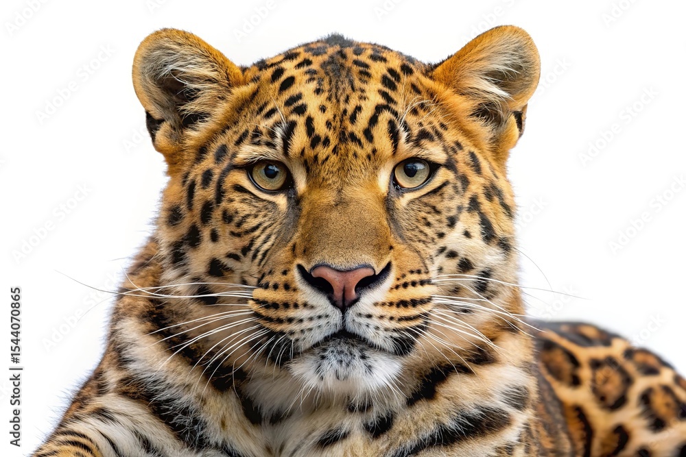 Obraz premium Close up portrait of an amur leopard against a white background