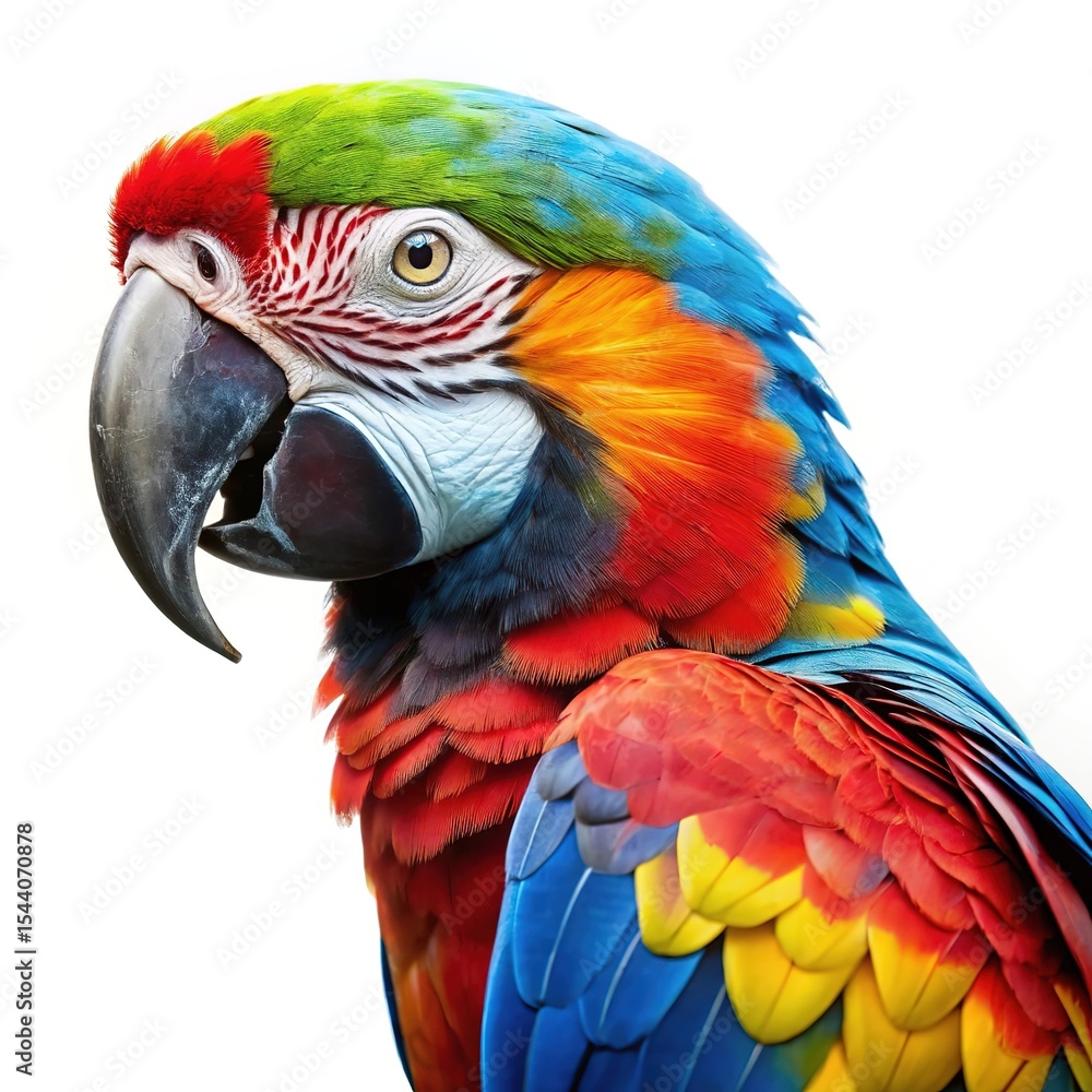 Naklejka premium Vibrant scarlet macaw portrait against white background