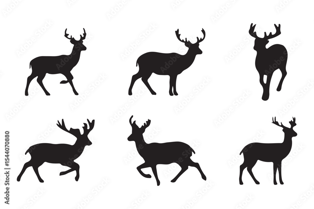 Fototapeta premium Deer silhouettes set vector illustration, black deer silhouette icon bundle