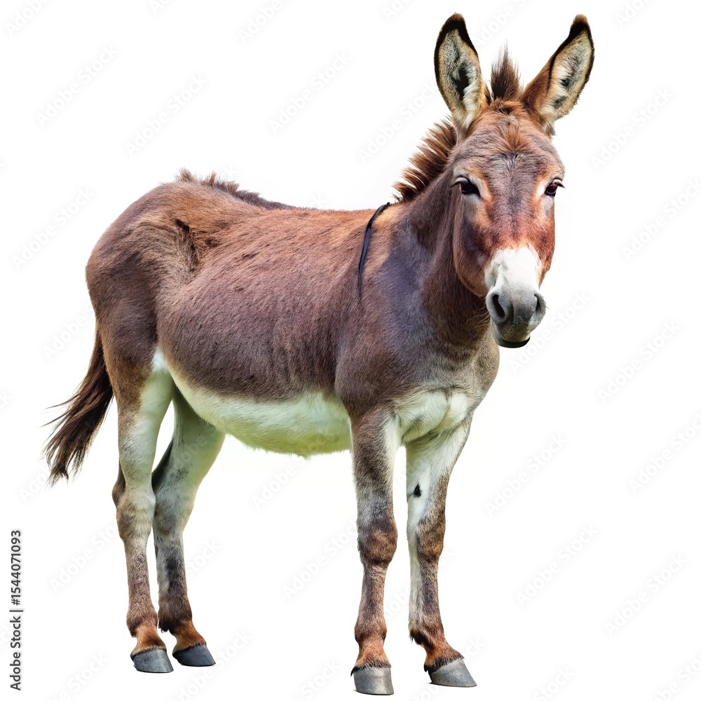 Fototapeta premium Brown donkey standing isolated on white background farm animal photography
