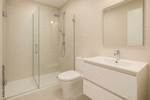 Modern bathroom with fully glass shower, light beige walls, and white sanitary ware