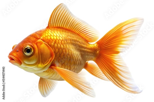 Vibrant orange goldfish with flowing fins isolated on white background