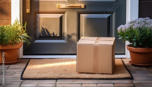 delivered parcel or box on door mat near entrance delivered outside the door e commerce purchase on welcome mat