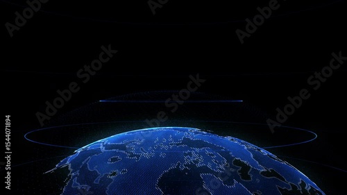 Blue earth top side of glowing globe. Template background.  The top of the earth. Opener, intro Glowing sphere. For coworking, meeting, conference. Global communication concept. Continent, big data
