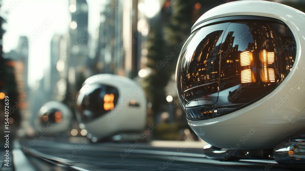 Fototapeta premium An imaginative portrayal of sleek, futuristic transportation pods gliding through a modern city, symbolizing innovation and advanced technology in urban settings.