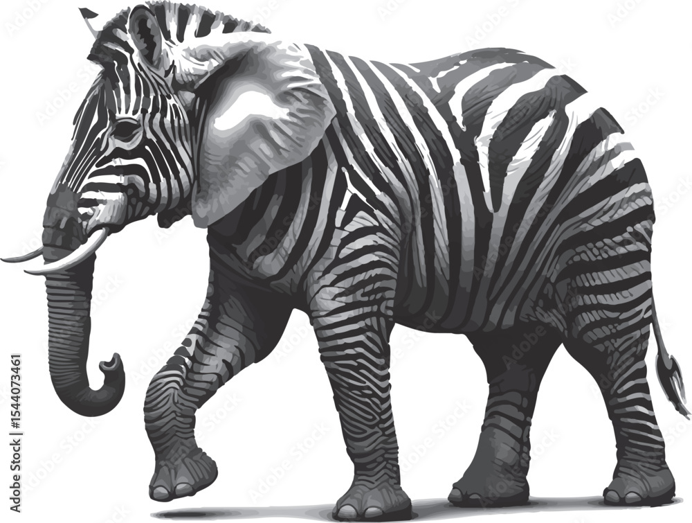 Fototapeta premium Monochromatic Mashup An Elephant with Zebra Stripes Creates an Imaginative Hybrid of Two Powerful and Majestic Animals Together