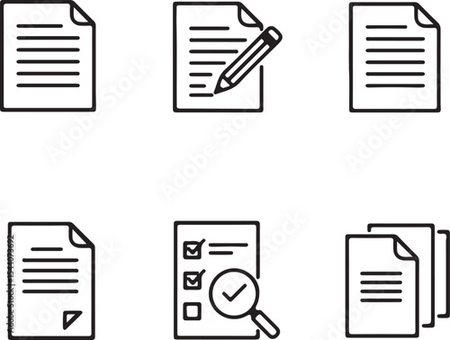 A collection of line art icons representing documents and paperwork related concepts emphasizing business processes and office administration