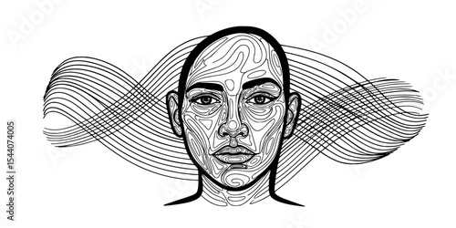 Captivating abstract line art portrait of a woman, blending intricate facial details with flowing lines that convey beauty and emotional depth in black and white
