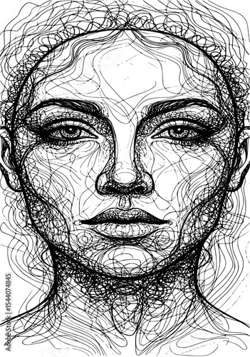 A captivating line art portrait of a woman, showcasing intricate details and flowing patterns that express emotion and individuality in black and white