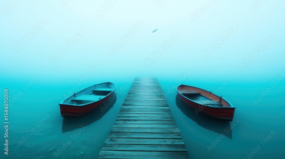 Naklejka premium Two red boats are moored at a foggy lake pier, surrounded by serene waters. The scene captures tranquil beauty and the peaceful atmosphere of nature shrouded in mist.