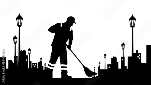 Silhouette of a street cleaner at work, contributing to the cleanliness of the city, with street lamps and an urban backdrop