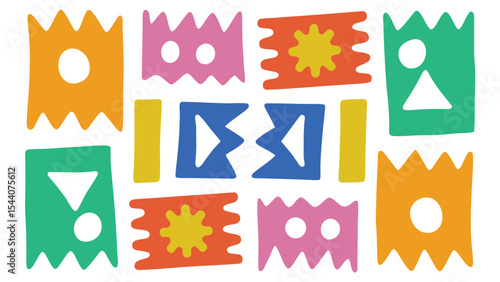 A colorful abstract pattern featuring geometric shapes such as squares circles triangles and zigzags arranged