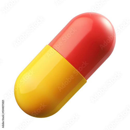 A single capsule medicine with red and yellow color isolated on a plain black colored background shot in studio
