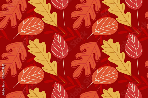 Falling leaves background. Seamless pattern with Autumn leaves in orange, red colors. Vector illustration in doodle style. Repeated background for wallpaper, wrapping, packing, textile, scrapbooking.