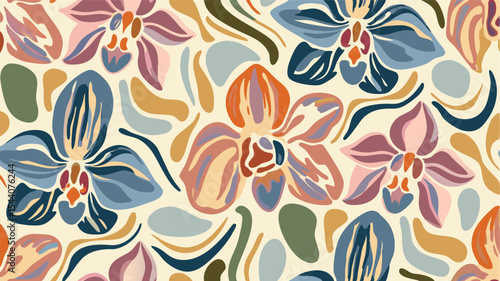 A colorful floral pattern featuring abstract orchids and organic shapes on a light background design art