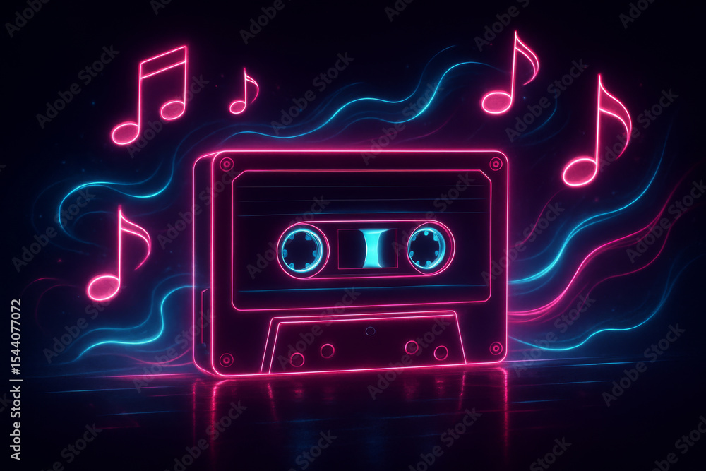 Fototapeta premium Retro Cassette Tape Neon Glow 80s Synthwave Music Vibes and Vintage Audio Nostalgia
