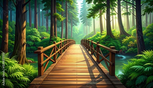 Wooden Bridge in Sunlit Forest.