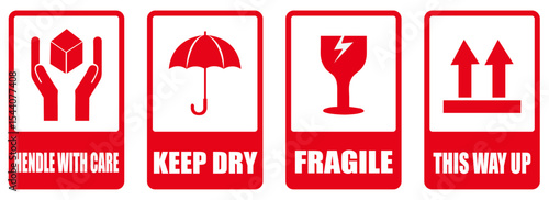 Four red and white shipping label signs with care instructions in a row on a white background. Shipping labels with fragile warnings. Red caution stickers for packaging