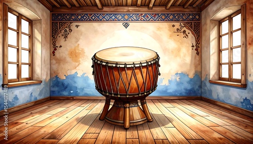 Wooden Drum in Rustic Room.