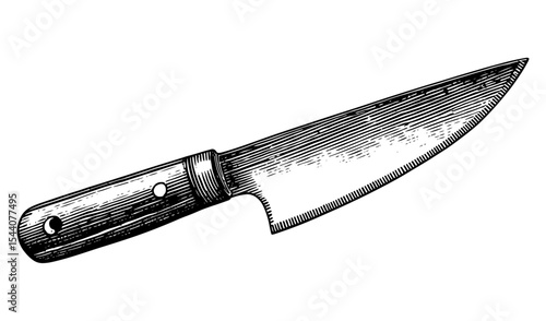 Chef's knife woodblock style illustration black and white for cooking