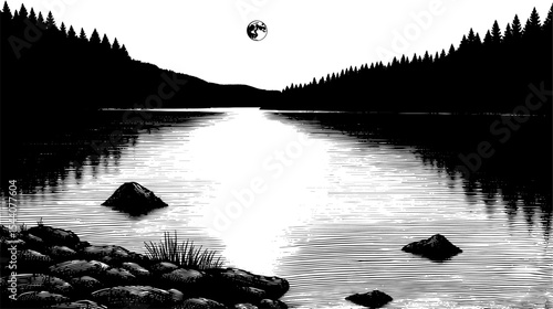 Moonlit lake landscape with rocky shore in woodblock print style in black and white